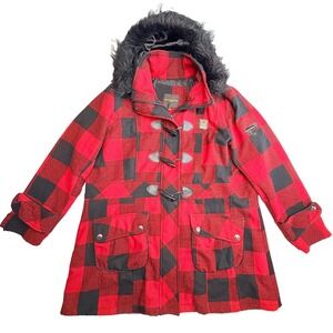 Rocawear Women's Plaid Toggle Coat Faux Fur Hood‎ Red Black Size XL
